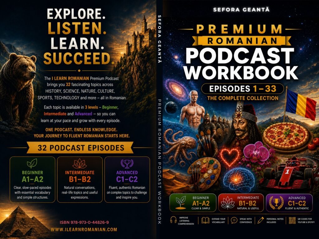 Premium Romanian Podcast Workbook | Learn Romanian A1–C2 | 32 Graded Transcripts + Vocabulary & Audio