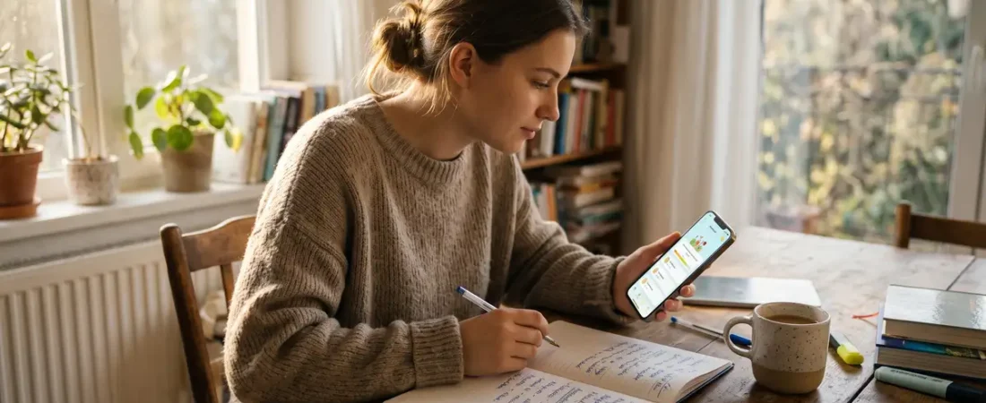 Learner using a language app on a smartphone next to a notebook with Romanian words