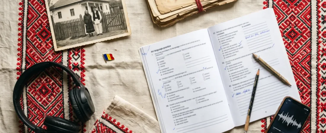Old family photo of Romanian grandparents next to a B1 Romanian exam practice booklet on a traditional embroidered tablecloth